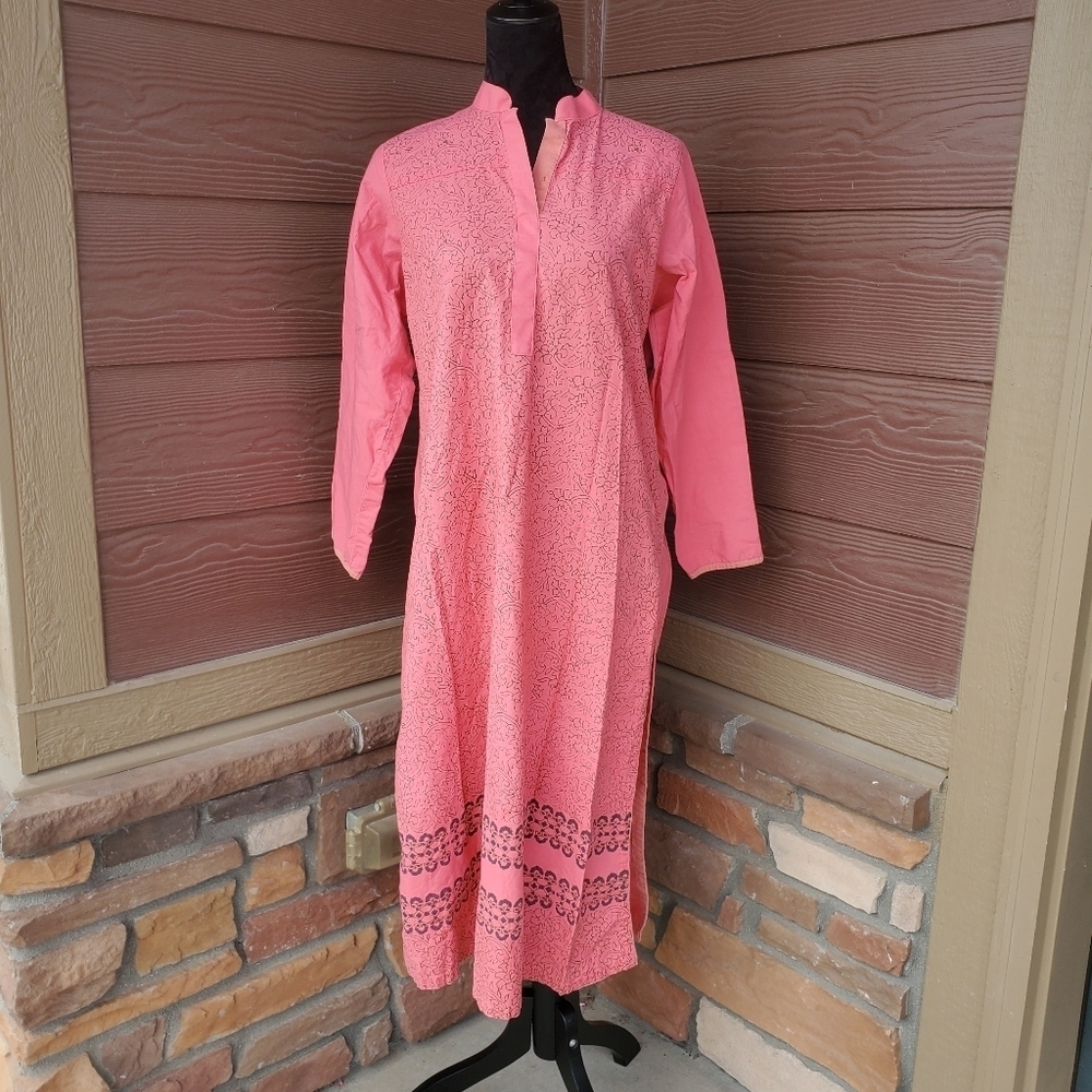 Beechtree Pret Kurta Pink with Brown Floral Print and Embroidered Flowers EUC - Picture 10 of 17